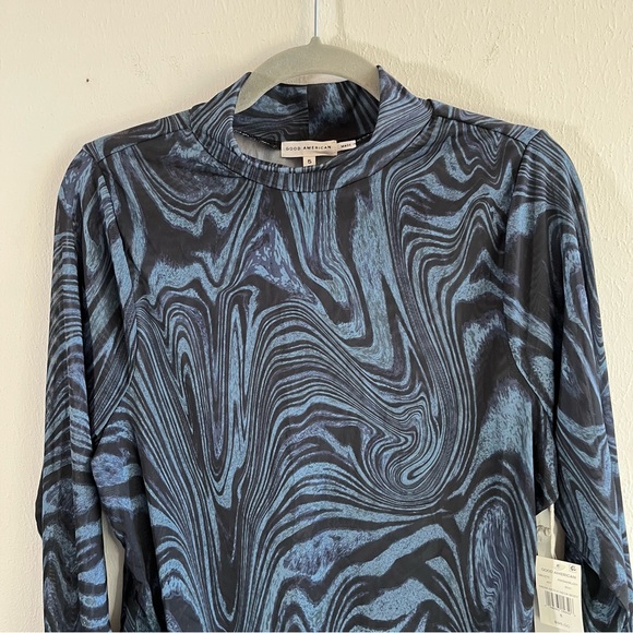 Good American Bodysuit Blue Black Ink Swirl Mesh Mock Neck Bodysuit Sz 2X(5) NWT - Picture 3 of 15